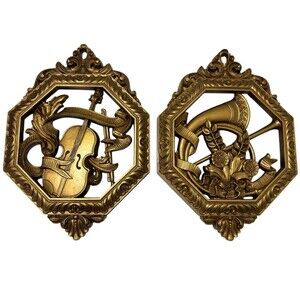 2 Vintage Homco Gold Wall Hanging Decorative Frames Musical Instruments Octagons